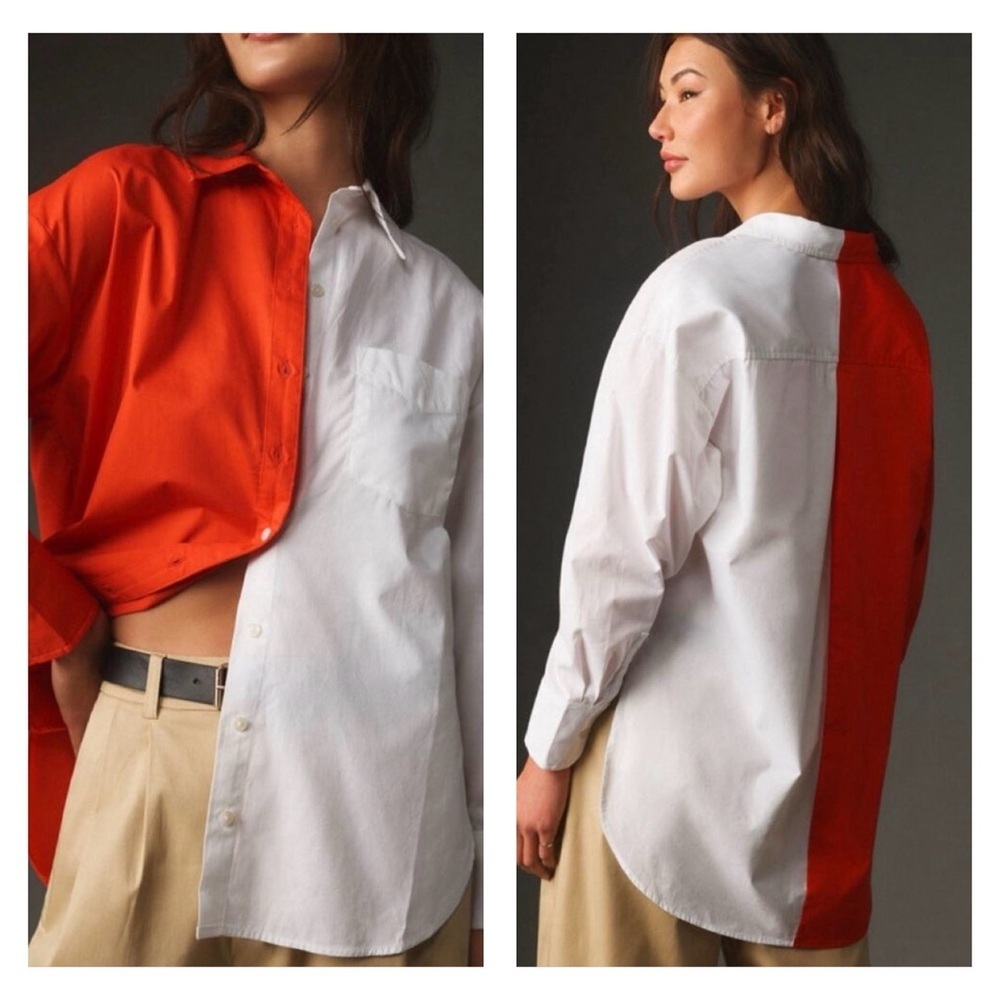 Anthropologie Maeve The Bennet Buttondown Shirt Colorblock Edition White Orange - Picture 2 of 8